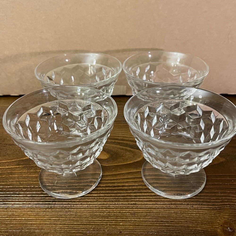 Set of 4 Vintage Fostoria Clear American Pattern Cubist Footed Glass Sherbet